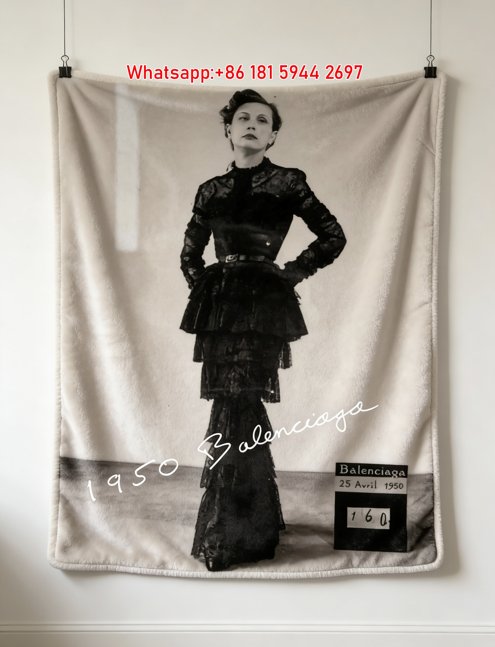 Balenciaga 1950 Vintage Lace Gown Flannel Throw Blanket for Sofa and Wall Decor BA311